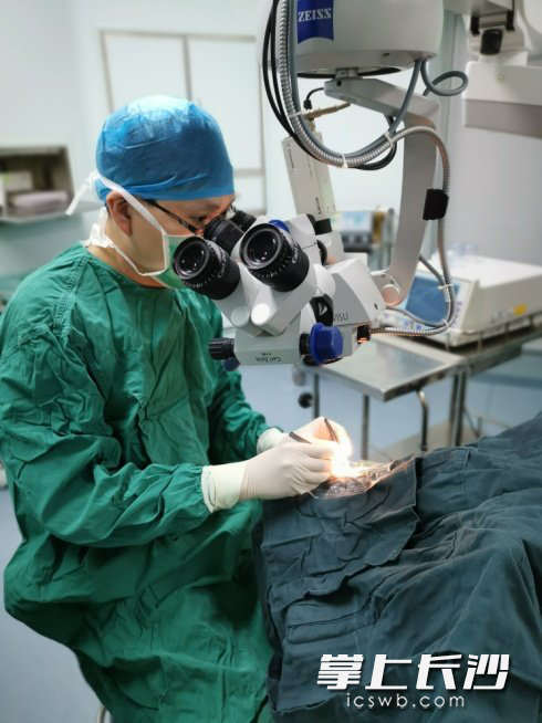 眼科专家为张先生紧急手术。