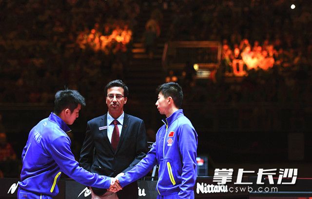 马龙（右）和樊振东（左）在赛前握手。