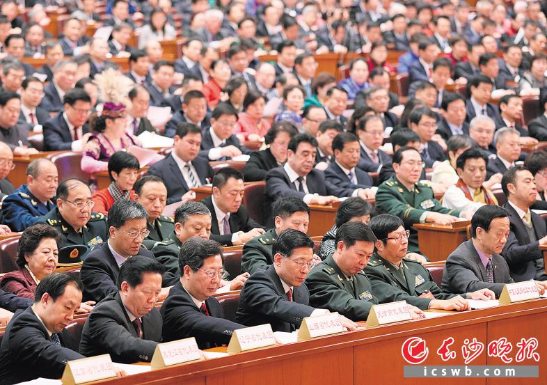 3月15日，在十二届全国人大五次会议闭幕会上，代表们在表决。    新华社发