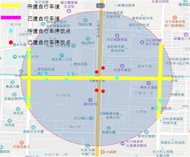 万家丽广场站周边自行车道和自行车停放区分布图