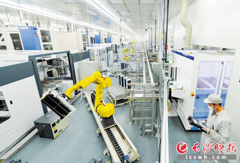 湖南红太阳光电科技有限公司的高效PERC电池数字化示范车间内，机器人在作业。