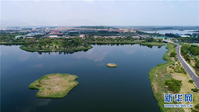 宁夏石嘴山市星海湖及周边水系贯穿城市（2018年7月31日无人机拍摄）。 新华社记者 王鹏 摄