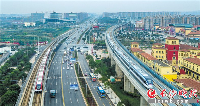 芙蓉南路中信新城段高架桥上，城际列车从先锋站附近疾驰而过，与相邻驶向尚双塘站的地铁1号线列车并驾齐驱。