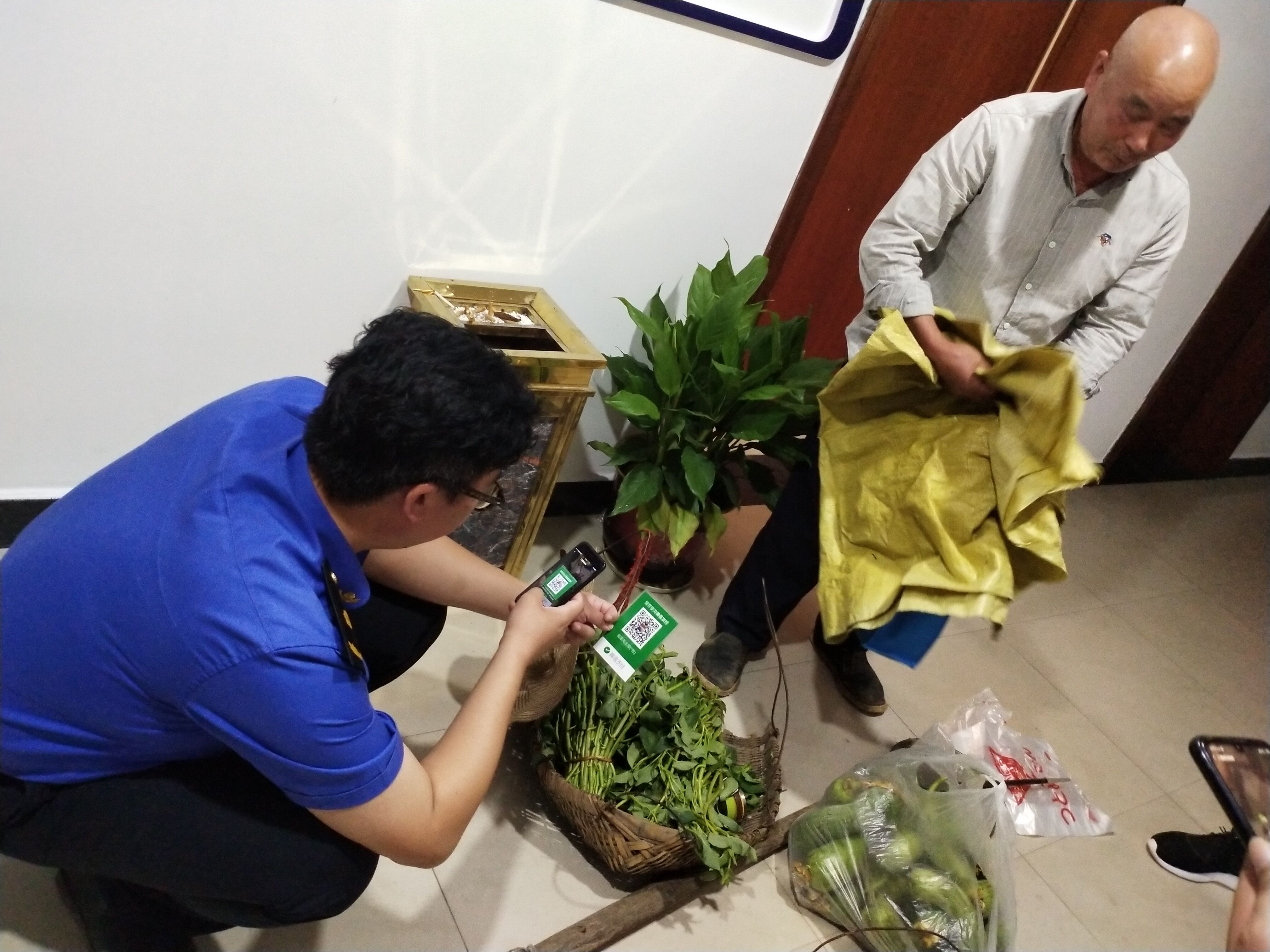 王磊自掏腰包30多元，将老大爷箢箕里的茄子、丝瓜、空心菜都买了下来。受访者 供图