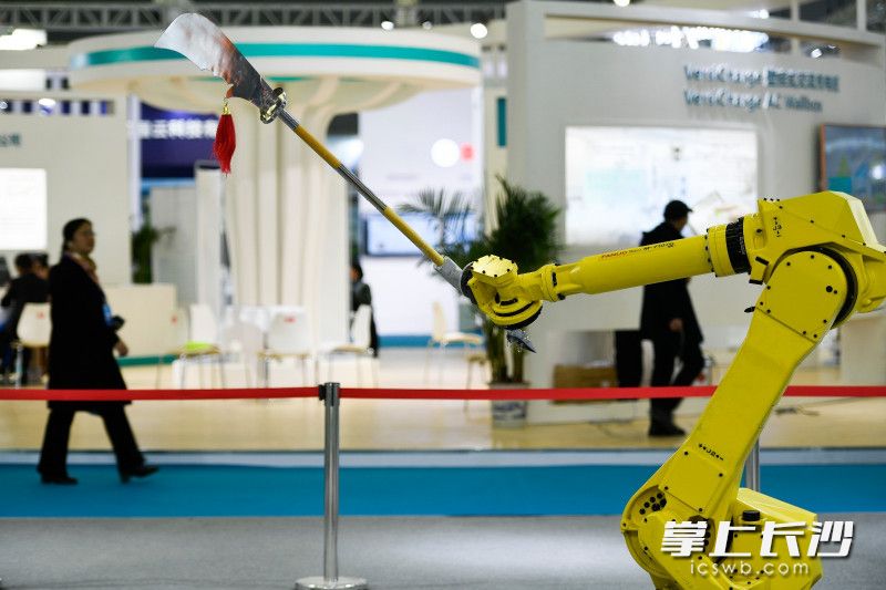 为了吸引观众的目光，各家展商也纷纷想出奇招，一个机器人厂商就拿出“大刀”交由机器人表演。