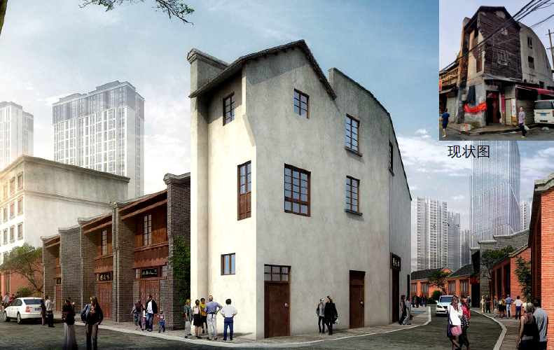 西长街永兴街口建筑外立面规划效果图和实景对比。