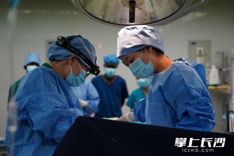 湖南援塞医疗队员罗慧和孙信正在给华人高危产妇做手术。均为医疗队提供
