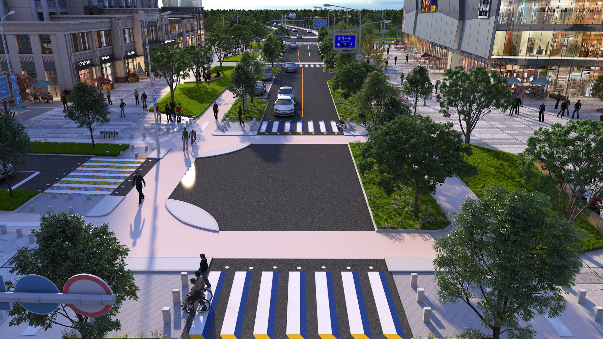 青竹湖统征储备土地道路配套设施建设项目将人行道与建筑前区统一规划、合并设置，在不增加开发成本的条件下，改善城市景观的同时，增加更多建筑底商人气。