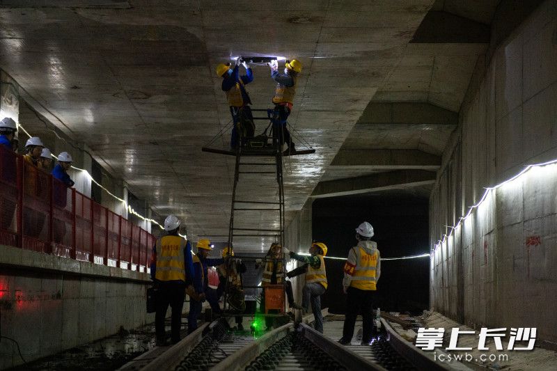 20日，在地铁6号线东湖站，工人们正在进行接触网桥架定位施工。 均为长沙晚报全媒体记者 邹麟 摄
