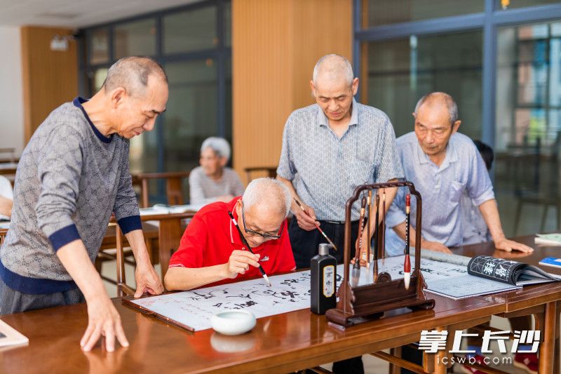 天心区养老机构内，老年人在进行书法创作。通讯员 莫坤 摄