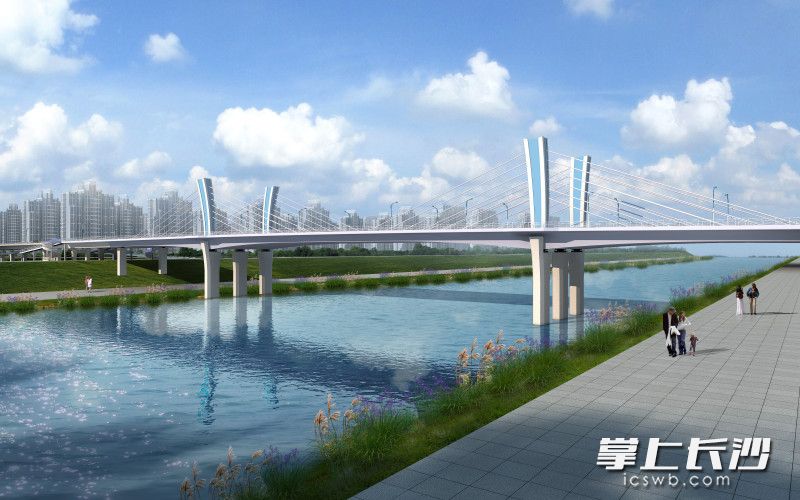 金桂路跨浏阳河大桥项目整体建成后，将串联高铁南站、国际会展中心、黄花机场三大交通枢纽，成为市民出行又一重要通勤通道。图为该项目效果图。