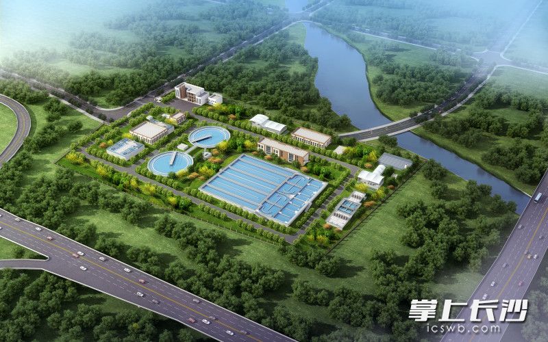 长沙县城镇污水处理项目（一期）星沙产业基地污水处理厂鸟瞰效果图。