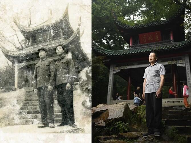 左：1974年，回乡探亲的董华兴和表哥在爱晚亭前合影留念。  右：45年后，董华兴再次来到爱晚亭，只是身旁的表哥已经不在人世。