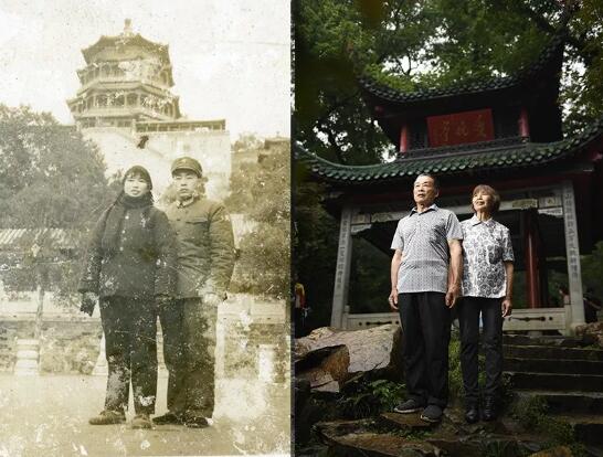 左：1977年，还在当兵的董华兴和前来探亲的妻子在北京颐和园留念。  右：2019年6月1日，董华兴和爱人站爱晚亭前合影留念。