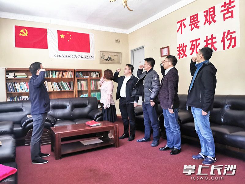 当地时间7月1日，中国（湖南）第17批援津巴布韦医疗队临时党支部重温入党誓词。由援津医疗队供图