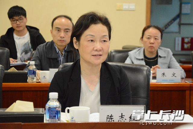 高新区党工委副书记陈志红（前排）向调研组汇报了全区开展主题教育工作情况。岑军 摄