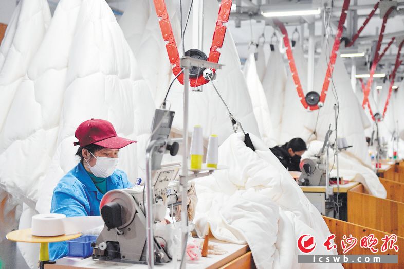 梦洁家纺生产车间，工人们戴着口罩正在有序工作，工作期间还有工作人员每天给工人们测量两次体温。长沙晚报全媒体记者 邹麟 摄