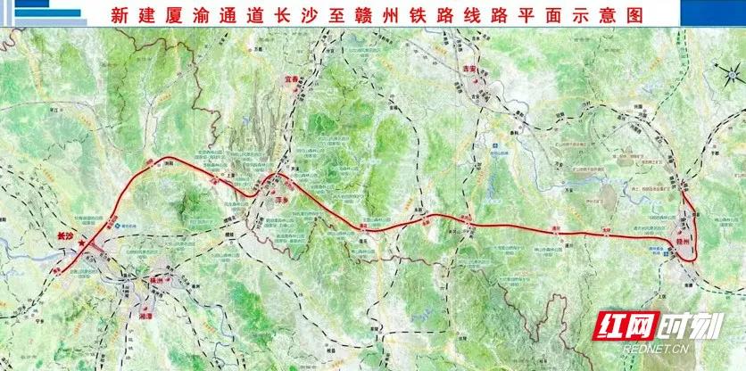 新建厦渝通道长沙至赣州铁路线路平面示意图