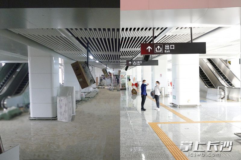 地点：磁浮㮾梨站。当年（左）：站房装修施工；现在（右）：站务员在车站回答乘客问询