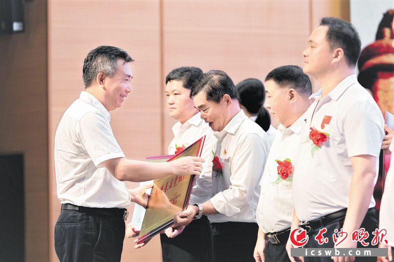 宁乡市联镇领导（左）为先进基层党组织授牌。