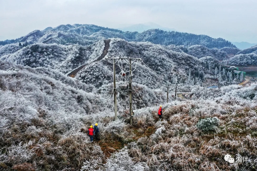 12月18日，雪峰山国家森林公园，国网洪江市供电公司“雪峰飞燕”共产党员服务队队员穿梭在冰雪纷飞的崇山峻岭中，巡视供电线路。胡浩 摄
