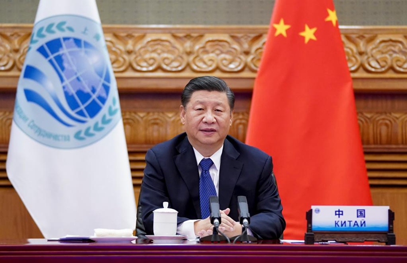 2020年11月10日晚，习近平主席在北京以视频方式出席上海合作组织成员国元首理事会第二十次会议并发表重要讲话。