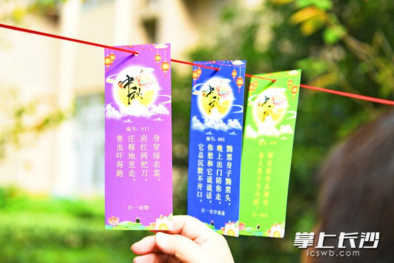 开福区“我们的节日·中秋”游园会活动现场，五颜六色的灯谜卡。