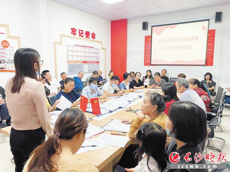丽景华庭党支部召集党员和楼栋长、业主代表商量水改问题。