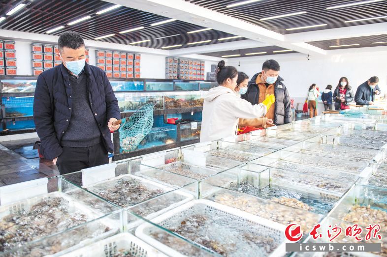 　　↑市民在长沙马王堆海鲜水产批发市场选购海鲜。